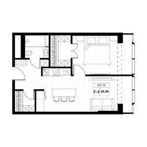 2-к квартира, строящийся дом, 46м2, 14/19 этаж
