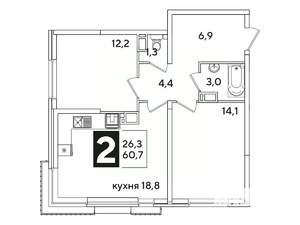 2-к квартира, вторичка, 61м2, 11/16 этаж