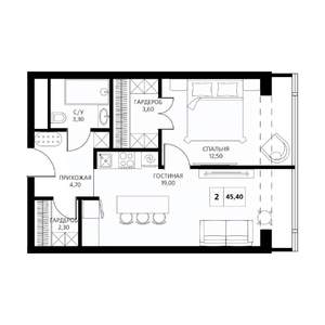 2-к квартира, строящийся дом, 45м2, 8/19 этаж