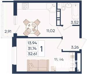 1-к квартира, вторичка, 33м2, 14/18 этаж