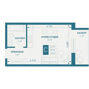 Студия квартира, вторичка, 34м2, 9/9 этаж