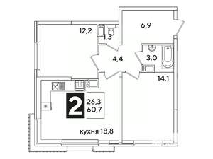 2-к квартира, вторичка, 61м2, 10/16 этаж