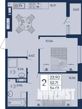 2-к квартира, строящийся дом, 54м2, 8/18 этаж