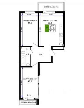 2-к квартира, вторичка, 62м2, 6/16 этаж