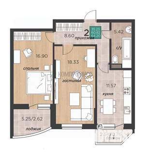 2-к квартира, вторичка, 64м2, 5/9 этаж