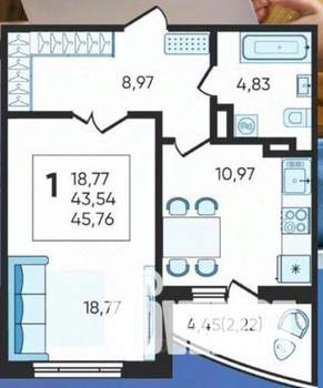 1-к квартира, вторичка, 46м2, 12/19 этаж