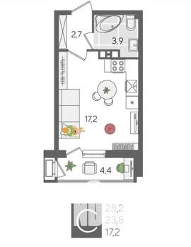 Студия квартира, вторичка, 28м2, 6/24 этаж