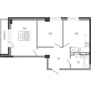 2-к квартира, вторичка, 59м2, 2/15 этаж