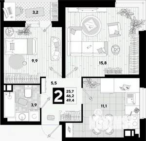2-к квартира, вторичка, 49м2, 9/16 этаж