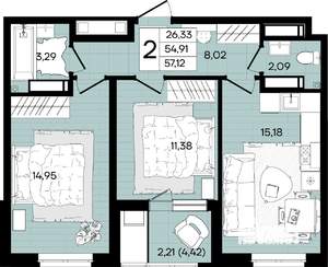 2-к квартира, вторичка, 57м2, 12/18 этаж