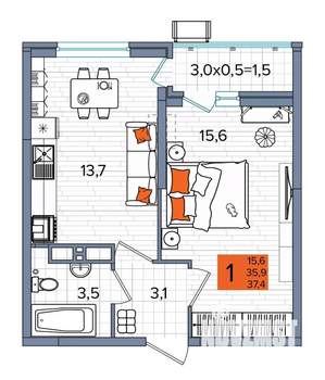 1-к квартира, сданный дом, 37м2, 16/16 этаж