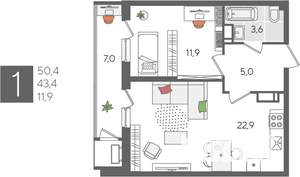 1-к квартира, вторичка, 50м2, 24/24 этаж