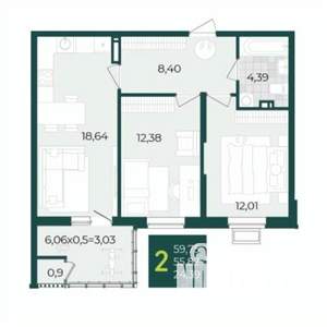 2-к квартира, вторичка, 60м2, 19/22 этаж