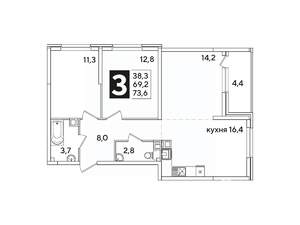 3-к квартира, вторичка, 74м2, 9/16 этаж