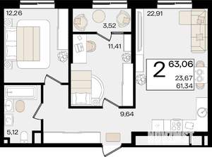 2-к квартира, вторичка, 63м2, 11/18 этаж