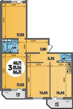 3-к квартира, вторичка, 86м2, 2/16 этаж