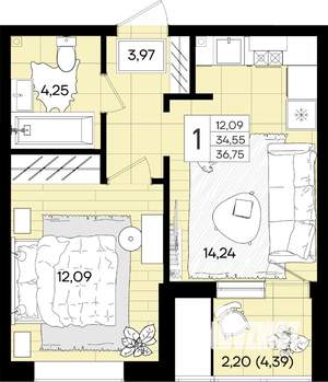 1-к квартира, вторичка, 37м2, 1/18 этаж