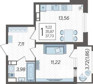 1-к квартира, строящийся дом, 38м2, 9/23 этаж