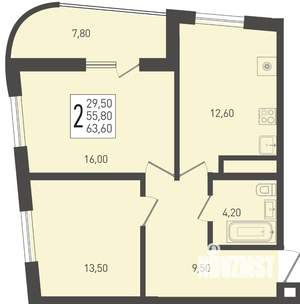 2-к квартира, строящийся дом, 64м2, 20/24 этаж