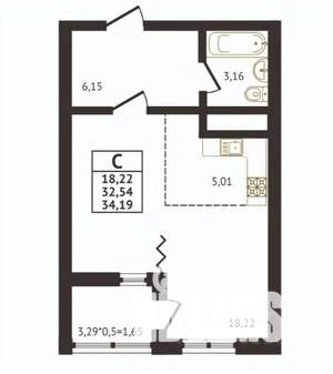1-к квартира, вторичка, 34м2, 1/17 этаж
