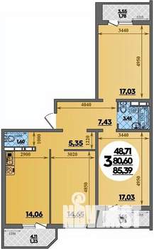 3-к квартира, строящийся дом, 85м2, 10/16 этаж