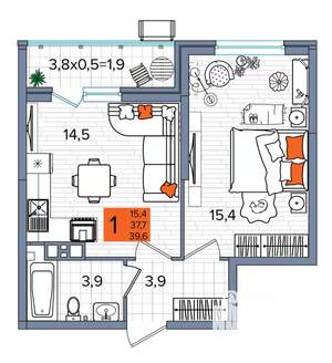 1-к квартира, сданный дом, 40м2, 8/16 этаж