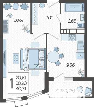 1-к квартира, строящийся дом, 40м2, 17/21 этаж