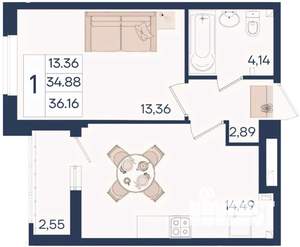 1-к квартира, вторичка, 36м2, 2/18 этаж