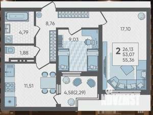 2-к квартира, вторичка, 55м2, 12/17 этаж