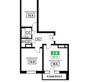 2-к квартира, вторичка, 65м2, 22/24 этаж