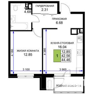 1-к квартира, вторичка, 44м2, 13/16 этаж