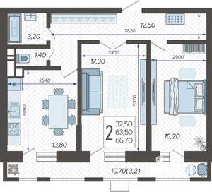 2-к квартира, строящийся дом, 68м2, 8/12 этаж