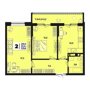 2-к квартира, строящийся дом, 54м2, 7/9 этаж
