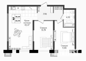 2-к квартира, вторичка, 62м2, 5/9 этаж