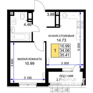 1-к квартира, строящийся дом, 35м2, 9/18 этаж