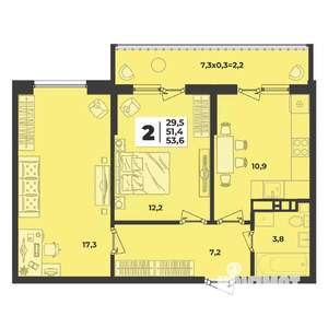 2-к квартира, строящийся дом, 54м2, 8/9 этаж