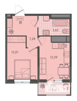 1-к квартира, вторичка, 39м2, 16/18 этаж