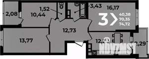 3-к квартира, вторичка, 75м2, 12/19 этаж