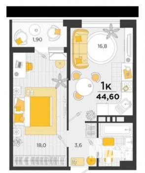 1-к квартира, вторичка, 42м2, 23/25 этаж