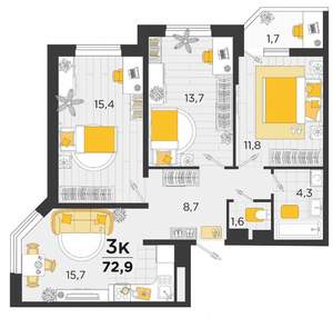 3-к квартира, вторичка, 71м2, 18/25 этаж