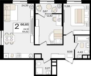 2-к квартира, вторичка, 67м2, 9/18 этаж