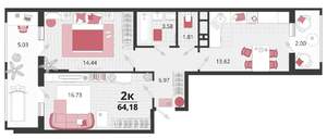 2-к квартира, вторичка, 64м2, 4/18 этаж