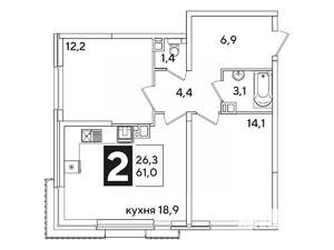 2-к квартира, вторичка, 61м2, 2/16 этаж