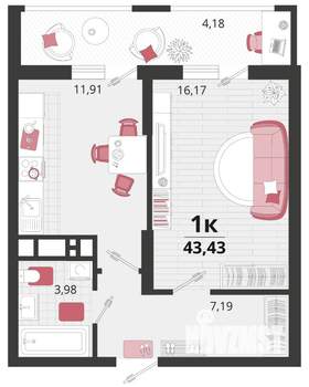 1-к квартира, строящийся дом, 39м2, 14/18 этаж