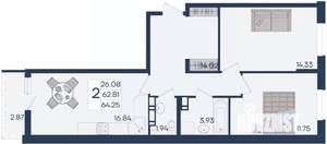 2-к квартира, вторичка, 64м2, 4/18 этаж