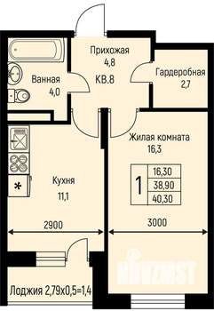 1-к квартира, строящийся дом, 40м2, 2/3 этаж