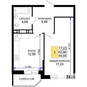1-к квартира, вторичка, 45м2, 9/19 этаж