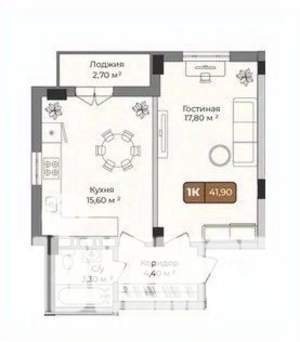 1-к квартира, вторичка, 42м2, 3/9 этаж
