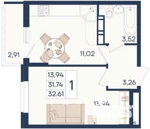 1-к квартира, вторичка, 33м2, 18/18 этаж