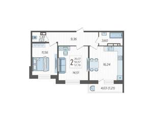 2-к квартира, строящийся дом, 58м2, 8/12 этаж